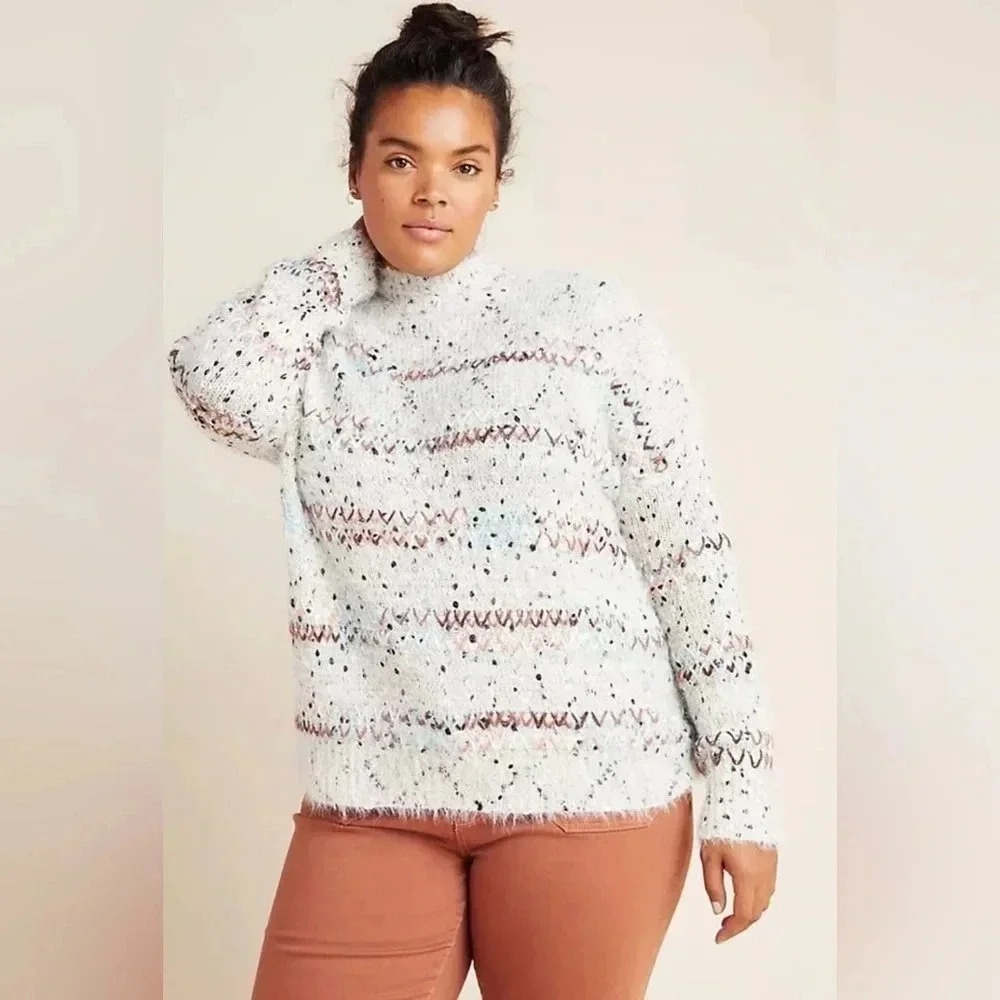 Anthropologie RAGA L Faye Mock Neck Eyelash Sweater Metallic Accent Threads